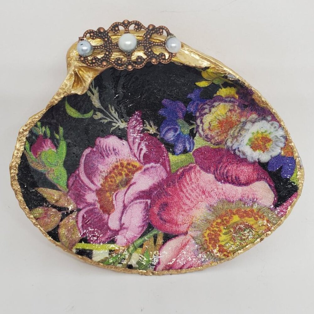 Mackenzie Child Inspired Shell Art Decoupage Flowers Gold Leaf Trim Jewelry Tray